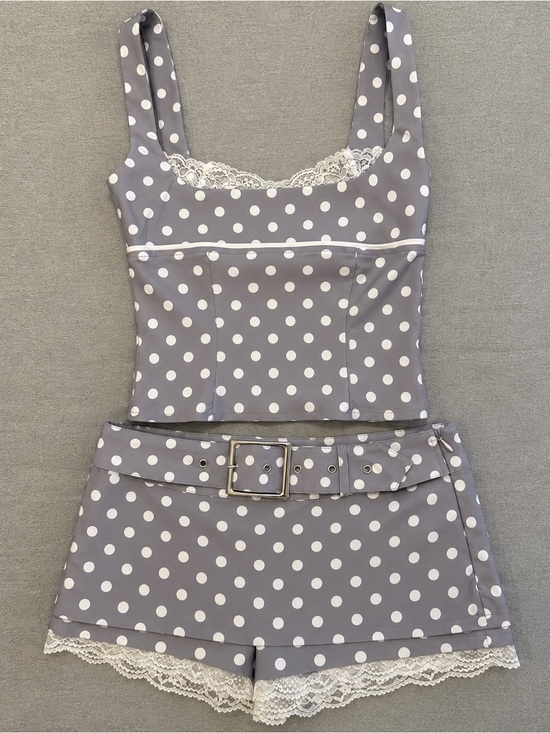 I.AM.GIA Tops - I.AM.GIA Melda Gray Polka Dot Lace-Trim Camisole Set Festival Chic